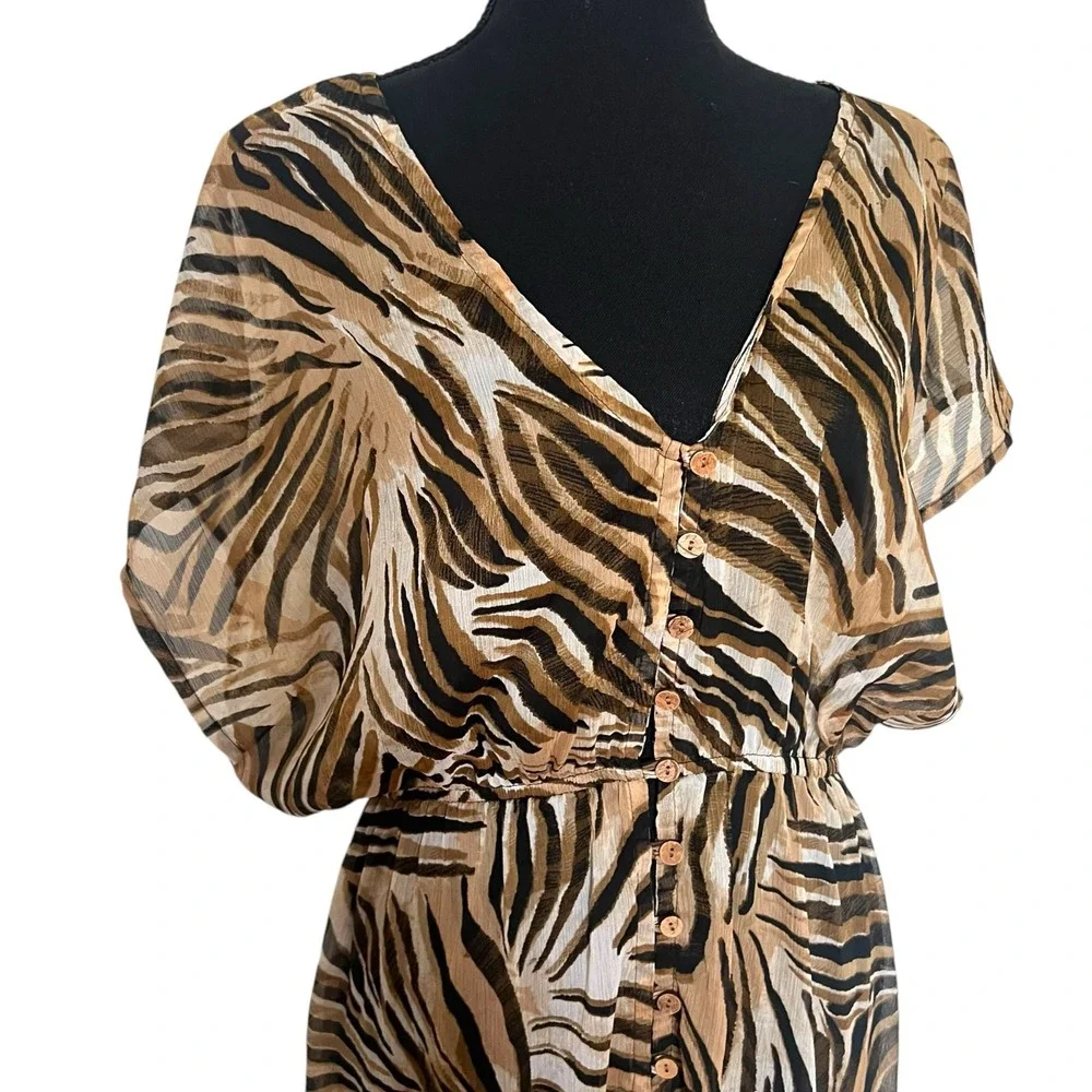 Kendall + Kylie Tiger Print Maxi Dress Brown Black Button Front KKDD-30111 Large